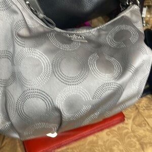 Silver Coach Small Hobo hand shoulder straps, sparkly signature purple interior